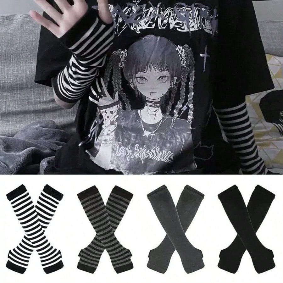 1 Pair Y2K Punk Striped Knitte – обзор и цена Fingerless Glove Knit